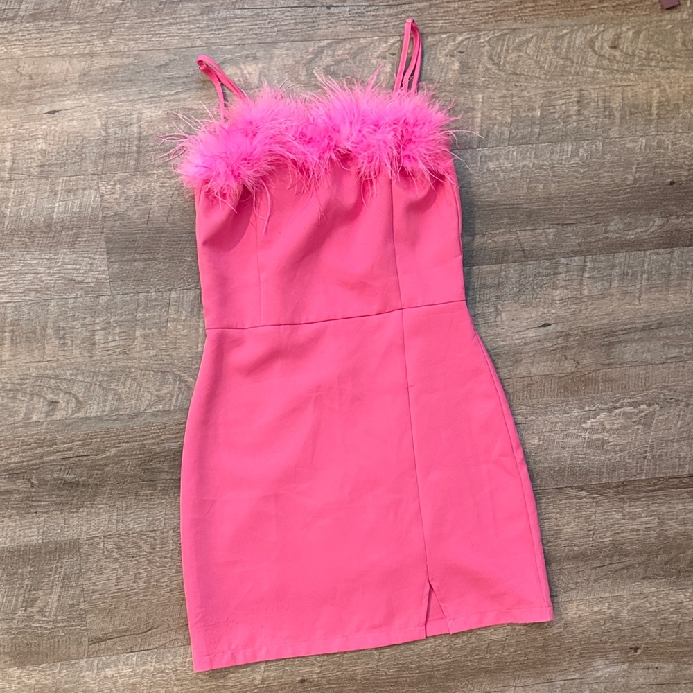 Pink Feather Trim Mini Dress